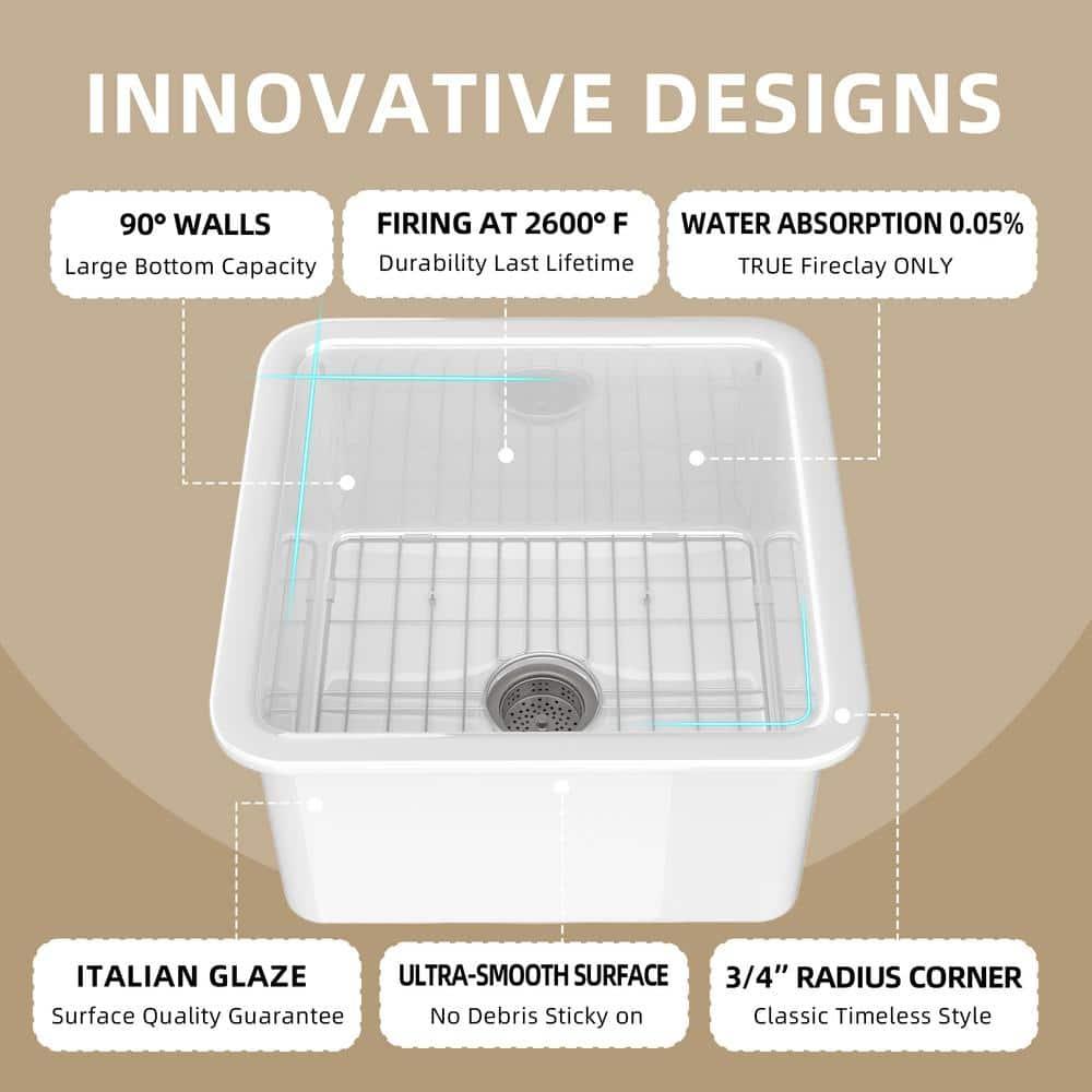 18 Inch Glossy White Fireclay Single Bowl Bar Sink