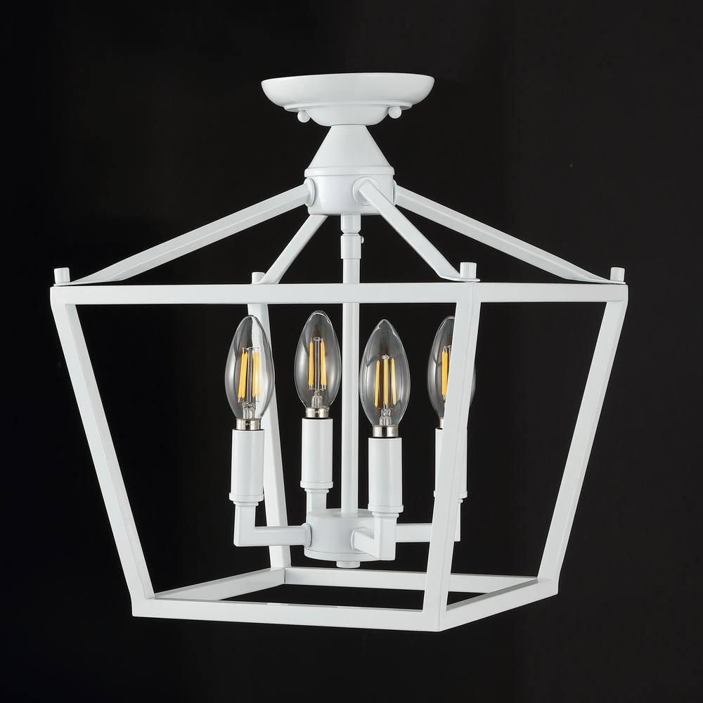Plains Mini Lantern 12 in. 4-Light Iron Modern Farmhouse LED Flush Mount, White