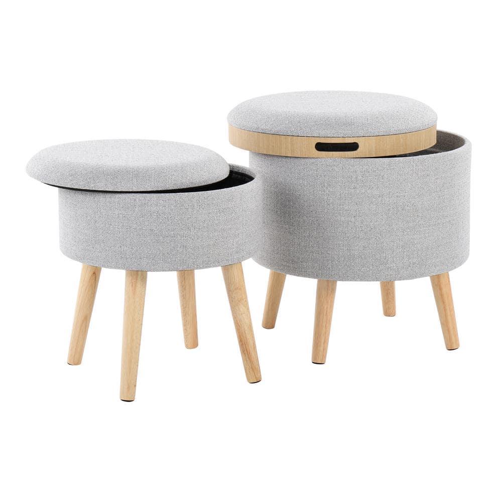 LumiSource Natural Wood, Light Grey Fabric Tray Storage Ottoman Set