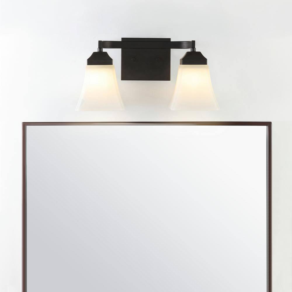 Staunton 15 in. 2-Light Iron/Glass Modern Cottage LED Vanity Light, Oil Rubbed Bronze