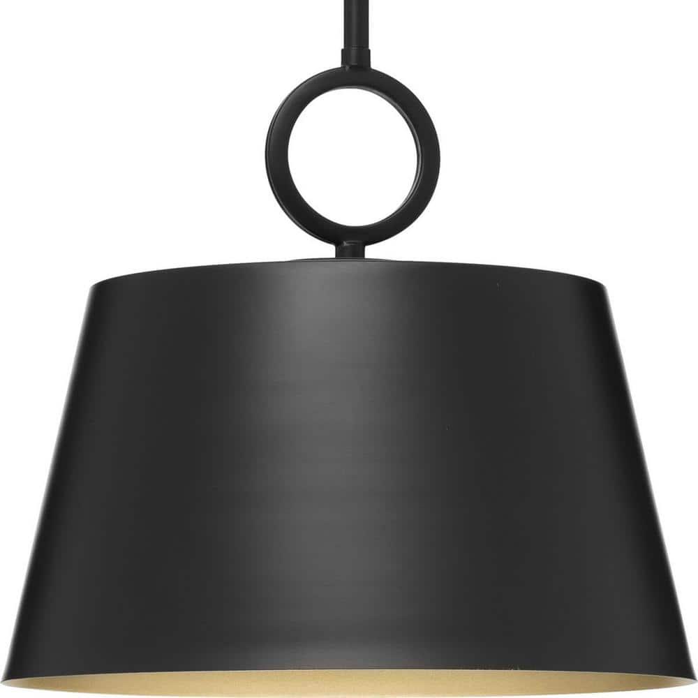 Progress Lighting, Parkhurst, 1-Light Dome Pendant, Matte Black, Gold Interior, Steel, Dry Rated. Ideal for modern farmhouse interiors.