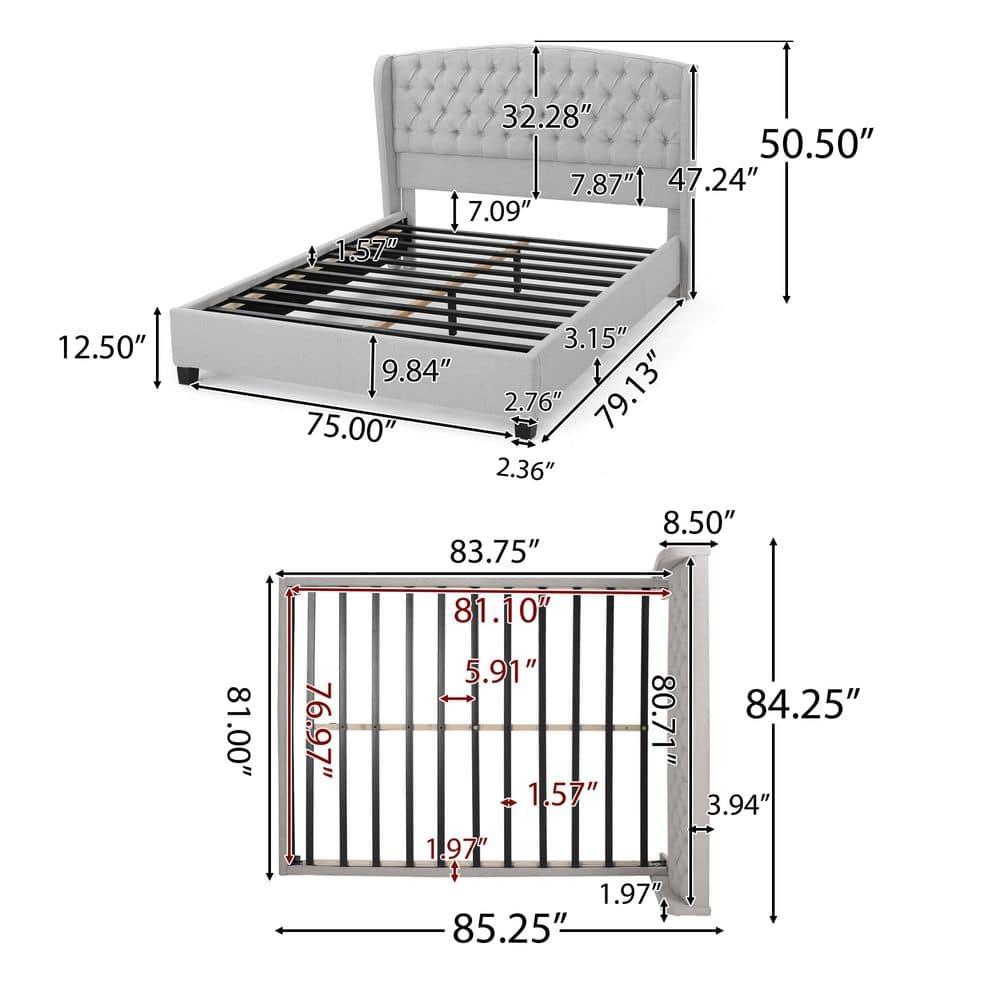 Noble House Aldo Contemporary Fully Upholstered King Size Platform Bed Frame, Light Gray, Dark Brown