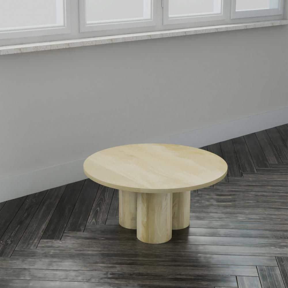 The Urban Port Hazel Coffee Table with 3 Pillar Legs, 35.5 Inch Round Top, Natural Brown Mango Wood