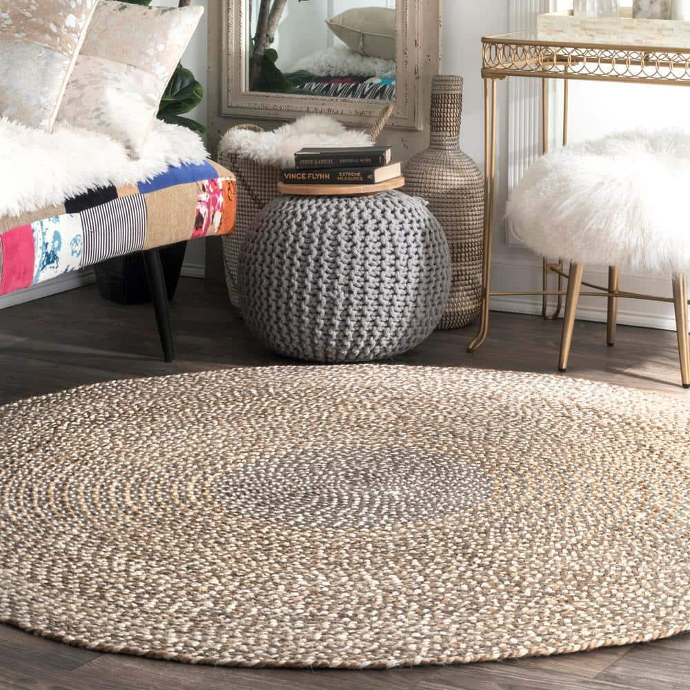 Nuloom Draya Solid 6 Round Wool Jute Indoor Area Rug for Dining Room Rug Neutral Rug Living Room Rug Kitchen, Grey/Ivory