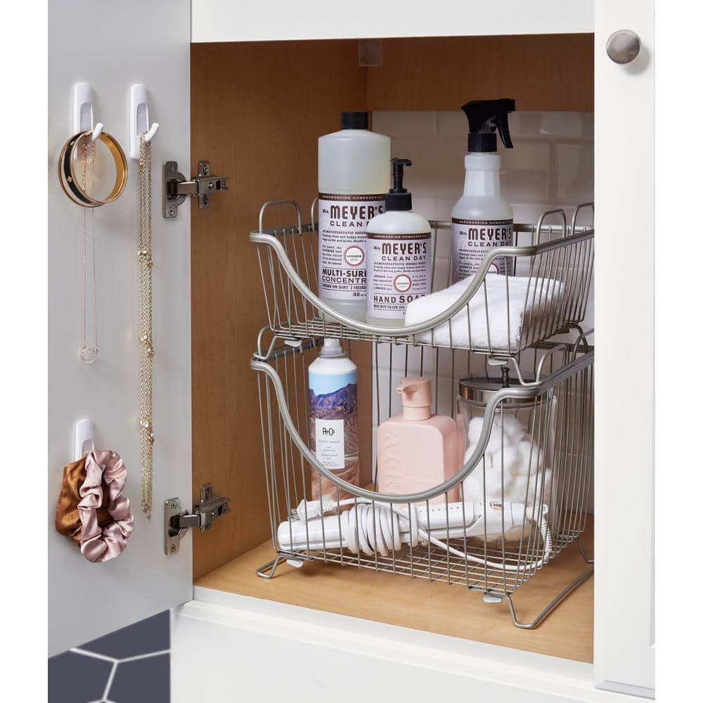 Spectrum Diversified Ashley Steel Stackable Wire Basket with Raised Feet and Looped Handles, Modular Stacking Bin System for Kitchen Countertop and Desk Organization, Large, Satin Nickel