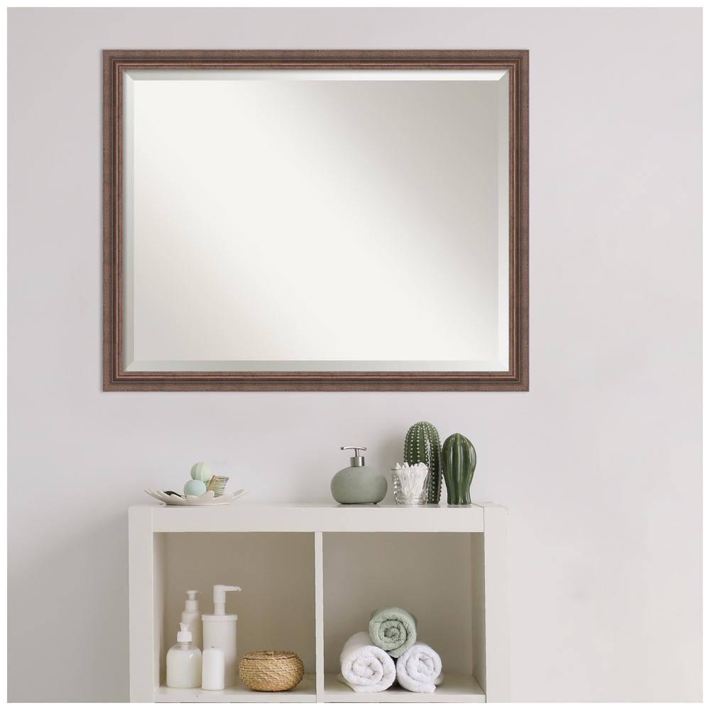 Amanti Art Distressed Rustic Brown Beveled Wood Bathroom Wall Mirror 24.5 x 30.5 in.