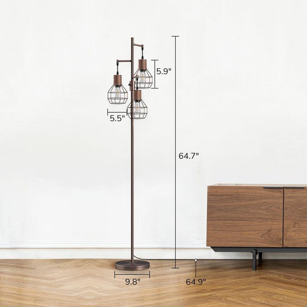 EDISHINE Dimmable Rustic Floor Lamp, Farmhouse Standing Lamp with 3 LED Edison Bulbs, Rattan Design Floor Lamps for Living Room, Bedroom, Reading Corner, Office, Electroplated Brushed Red Copper