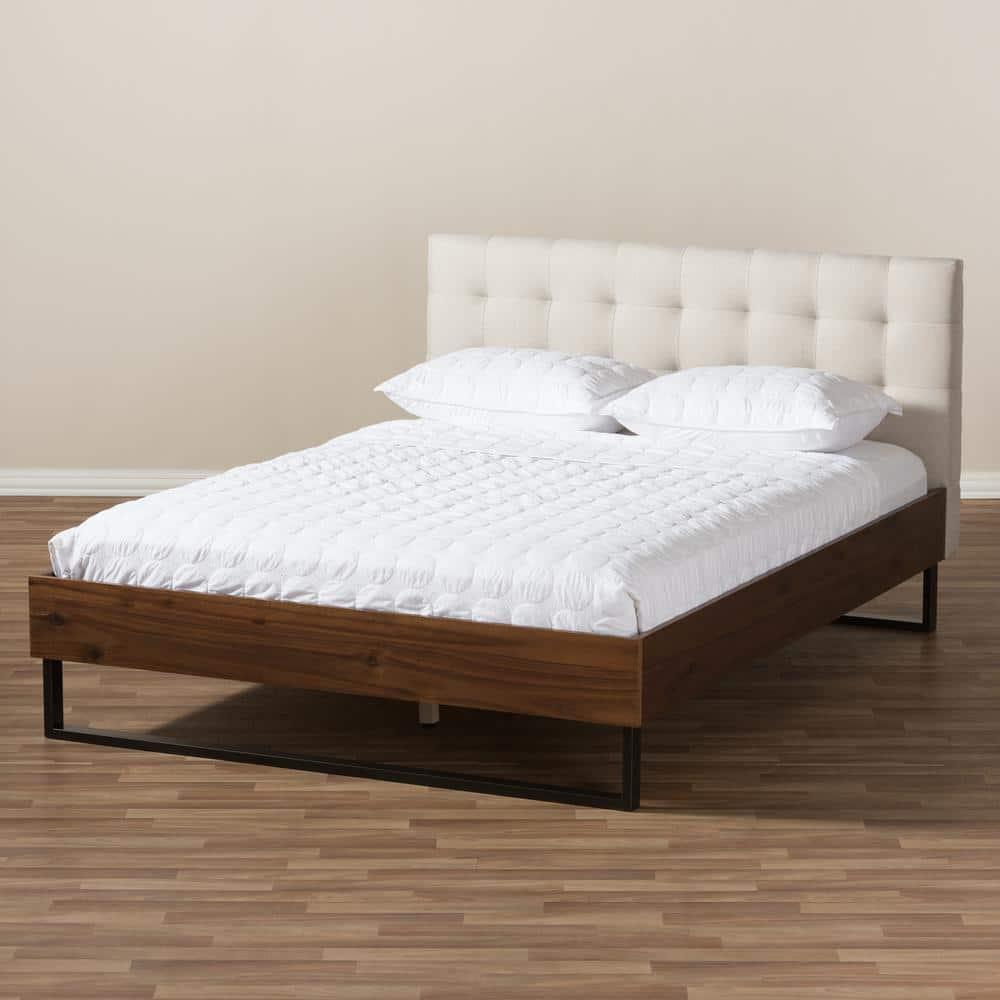 Queen Mitchell Rustic Industrial Walnut Wood & Metal Platform Bed with Tufted Headboard - Baxton Studio