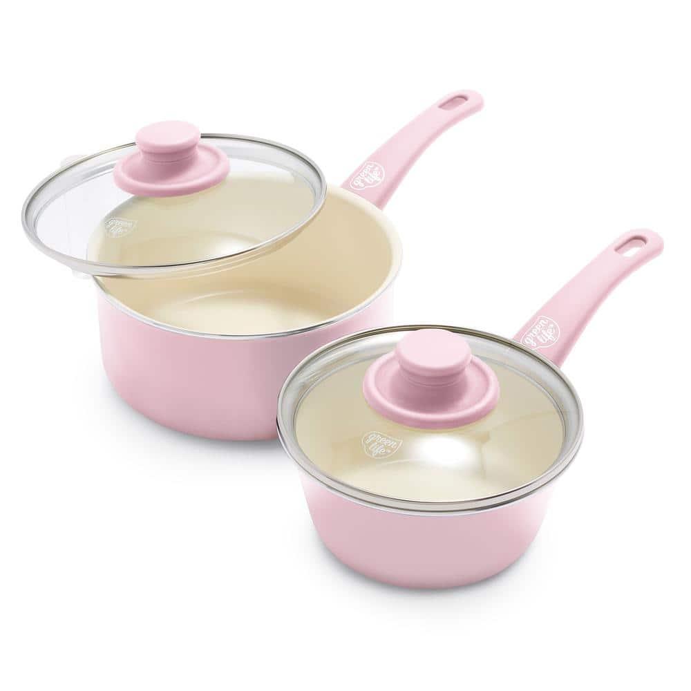 GreenLife GreenLife Soft Grip Healthy Ceramic Nonstick, 1QT And 2QT Saucepan Pot Set With Lids, Dishwasher Safe