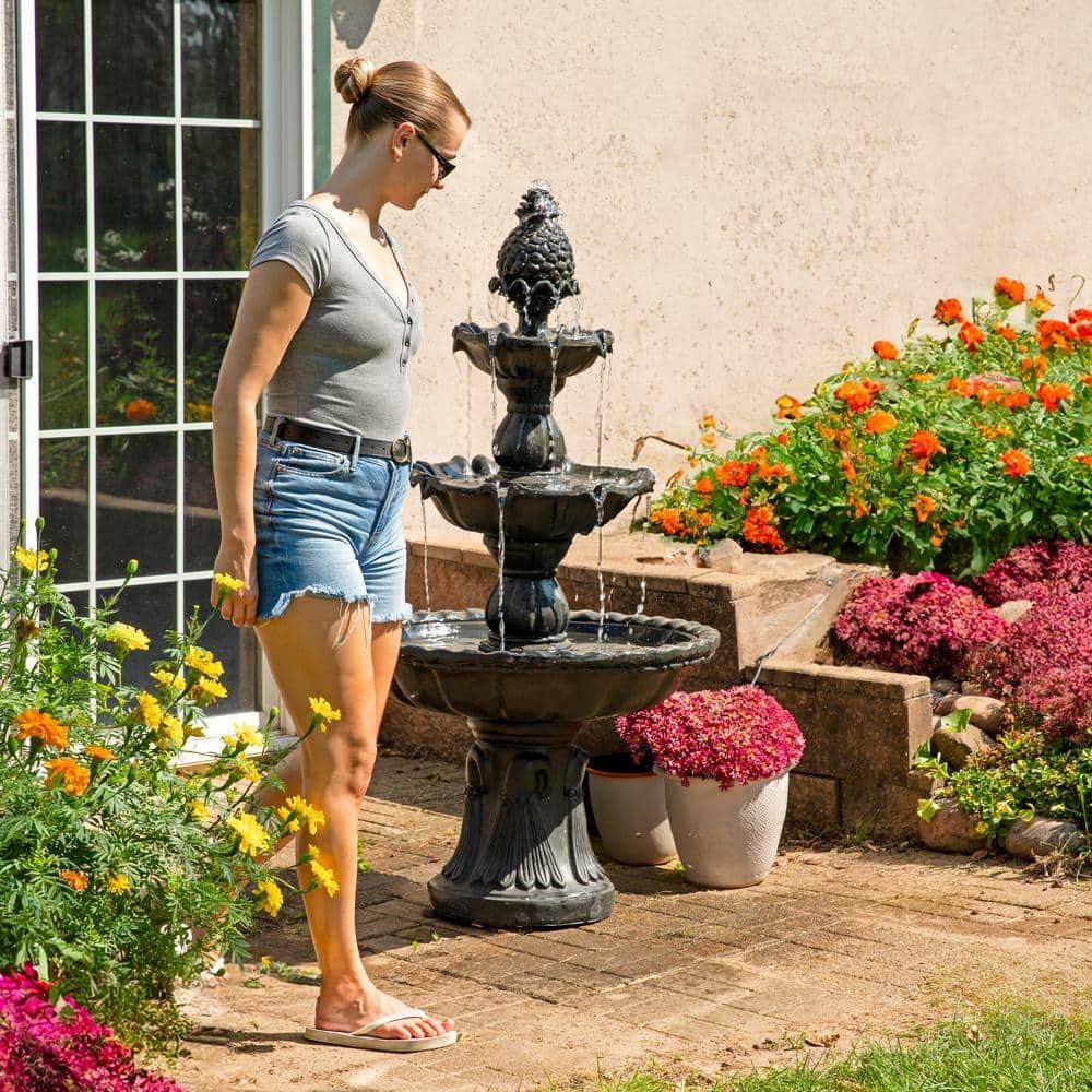 Sunnydaze Electric Fiberglass 3-Tier Welcome Pineapple Top Outdoor Water Fountain - 57" - Deep Espresso