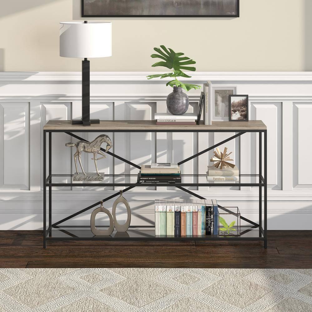 Evelyn&Zoe Fionn 55" Wide Rectangular Console Table, Blackened Bronze/Antiqued Gray Oak