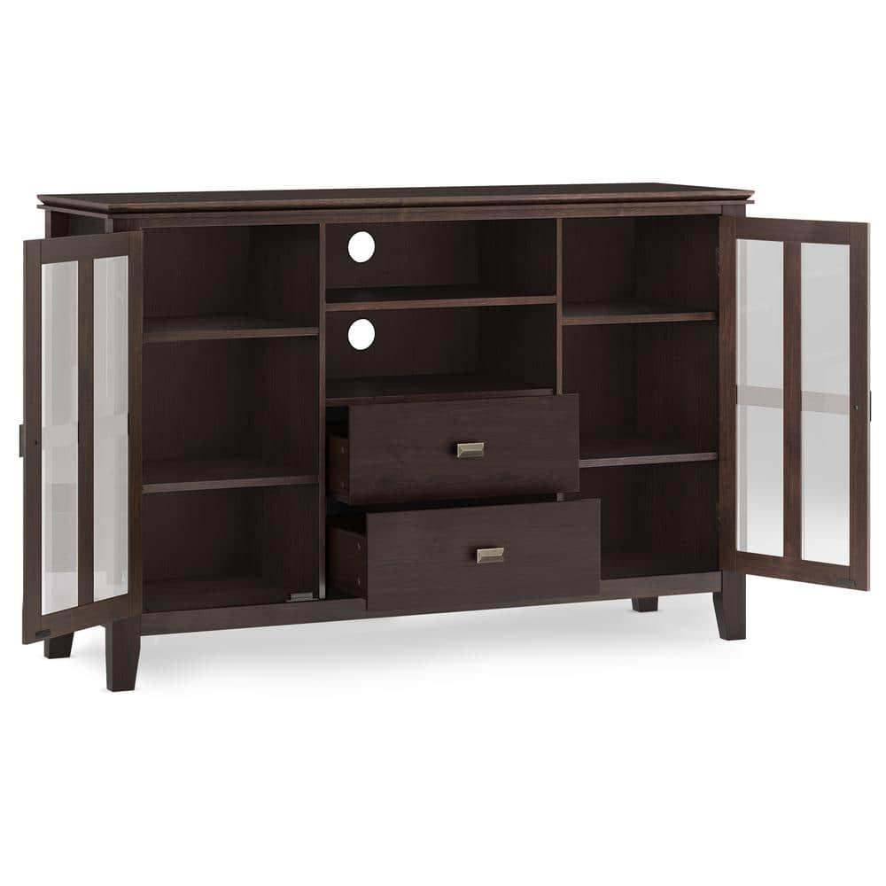 Simpli Home Artisan TV Media Stand in Dark Chestnut Brown
