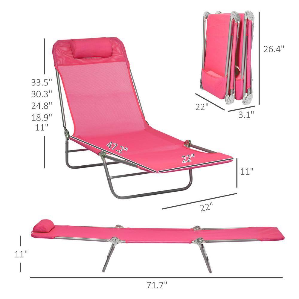 Outsunny Folding Chaise Lounge Pool Chairs, Set of 2 Outdoor Sun Tanning Chairs with Pillow, Five-Position Reclining Back for Beach, Pink