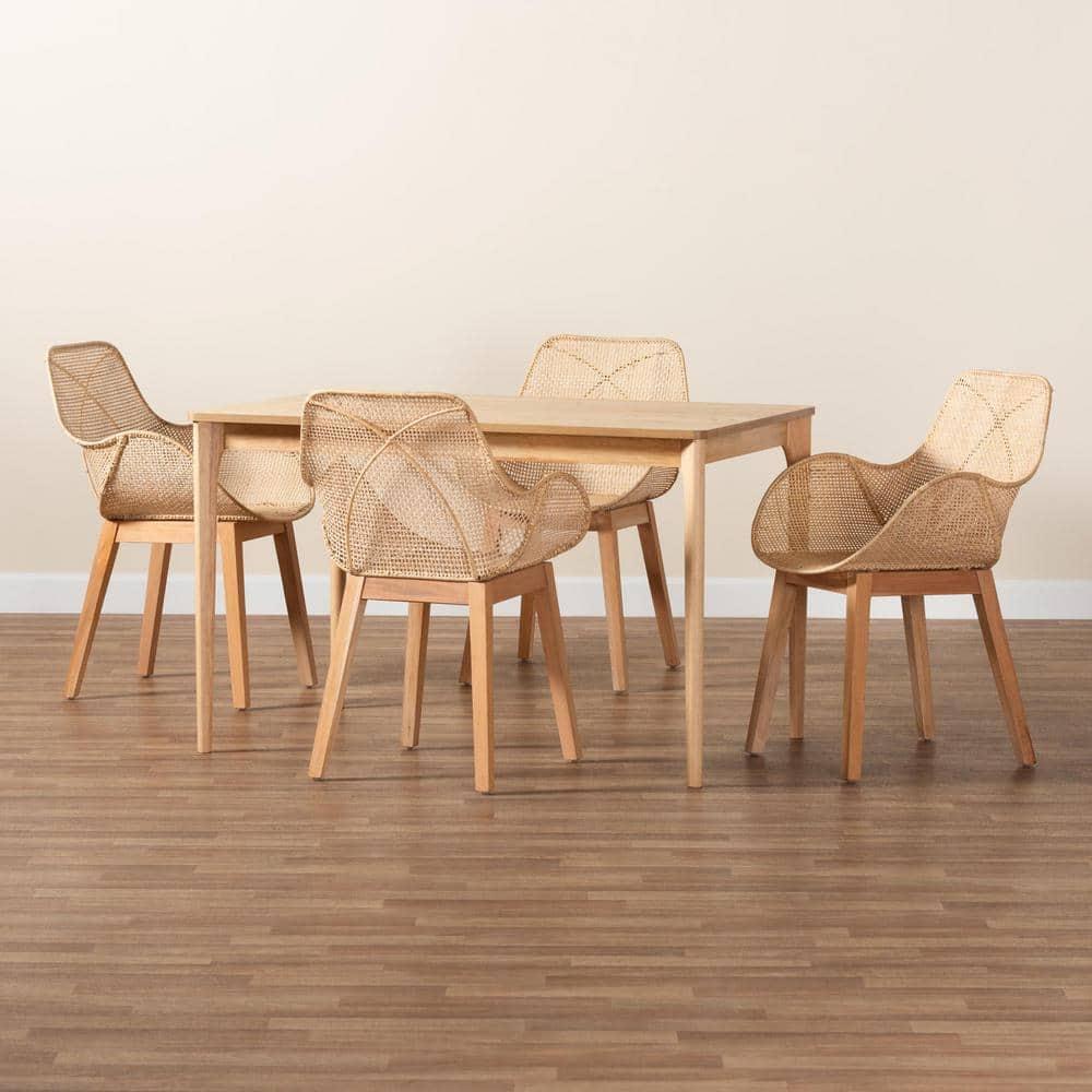 Baxton Studio Ballerina Japandi Natural Brown Mahogany Wood and Rattan 5-Piece Dining Set