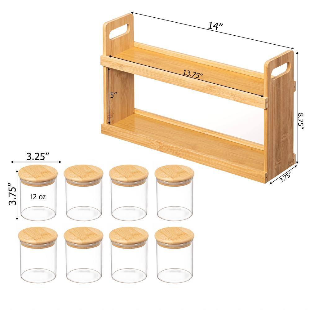 Basicwise 2-Tier Bamboo Spice Rack & Pantry Organizer with 8 Glass Jars.Perfect for Storage in Kitchens to Keep Seasoning Containers Neatly Displayed