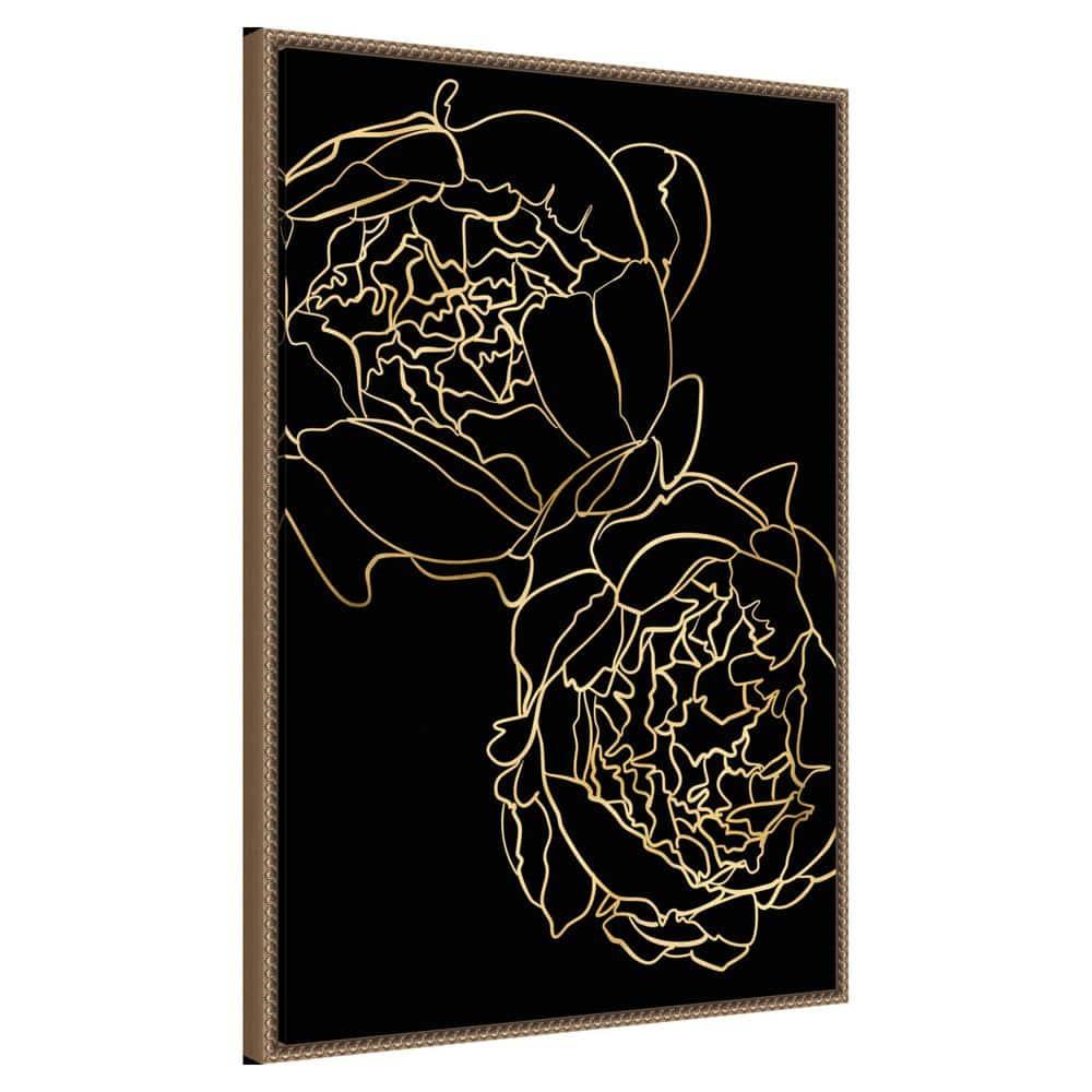 23"x33" Peonies in gold and black by Rosana Laiz Blursbyai Framed Canvas Wall Art Print Bronze - Amanti Art: Vertical Lithograph, Modern Decor