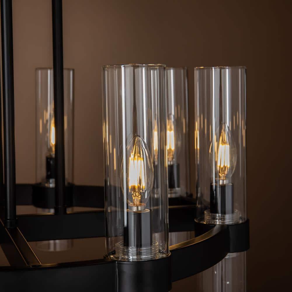 AloaDecor 8-Lights Modern Cylinder 25"  Wagon Wheel Matte Black Chandelier With Glass Accents - W:25.6"