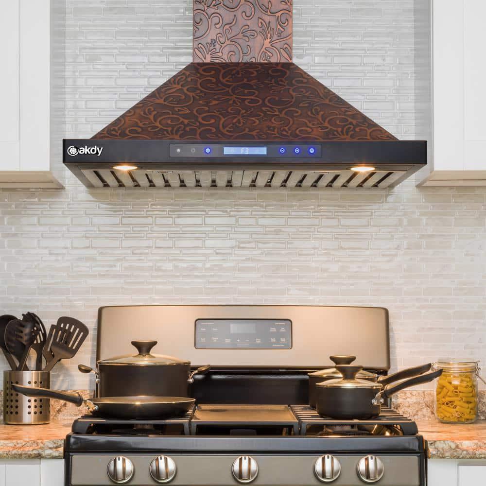 30-Inch Convertible Wall Mount Range Hood with Embossed Copper Vine Design, 343 CFM, 4 Fan Speeds, Touch Panel Controls, LED Lighting and Remote Control