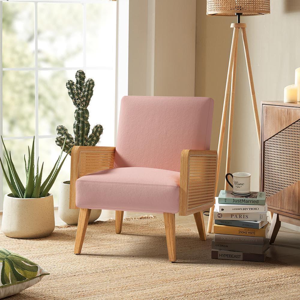 Farmhouse Accent Chair Rattan Armrests Fabric Upholstered Wooden Reading Armchair Living Bedroom Blush