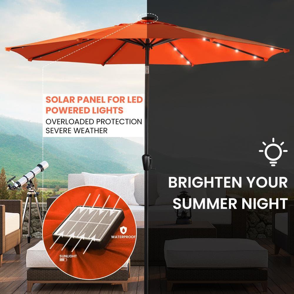 Sun-Ray 9 FT 32 LED Patio Solar Umbrella w/ Push Button Tilt and Crank Outdoor Umbrella, 8 Sturdy Ribs, UV Protection, Solution-Dyed Fabric, Orange