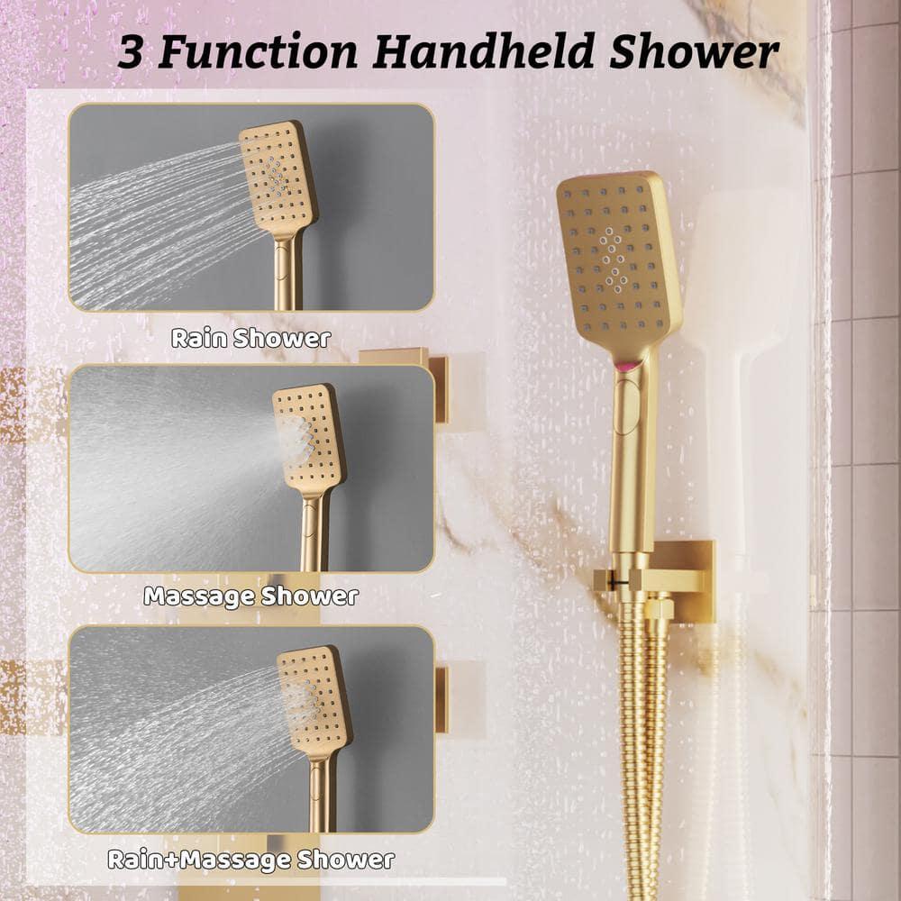 12" Flush Mounted Luxury Thermostatic Rainfall Shower System with LED and 6 Body Jets