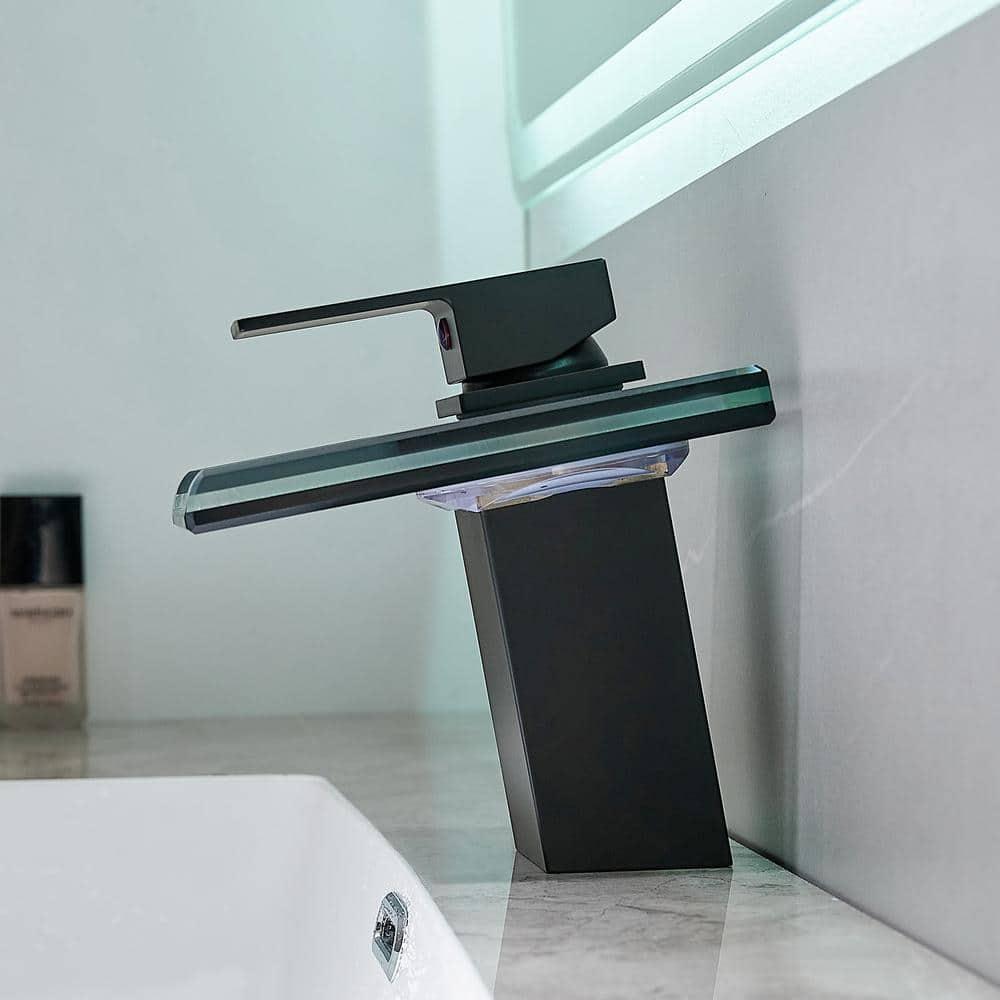 LED Bathroom Sink Faucet, Matte Black Waterfall Single Handle Vanity Faucets for Sinks 1 Hole with Metal Pop Up Drain and 2 Water Supply Lines, Open Glass Spout