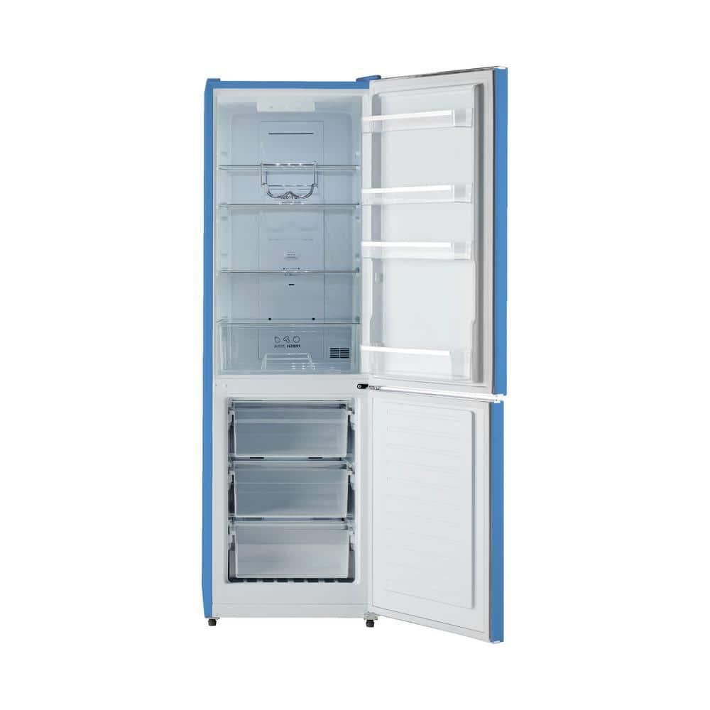 iio 24" 11 Cu Ft Bottom Freezer Retro Refrigerator Fridge for Bedroom, Multiflow 360°, Small Mini Ice Cube Tray, 1 Fruit container, LED Dorm Office Beverage Quiet Compressor, Light Blue (Right Hinge)