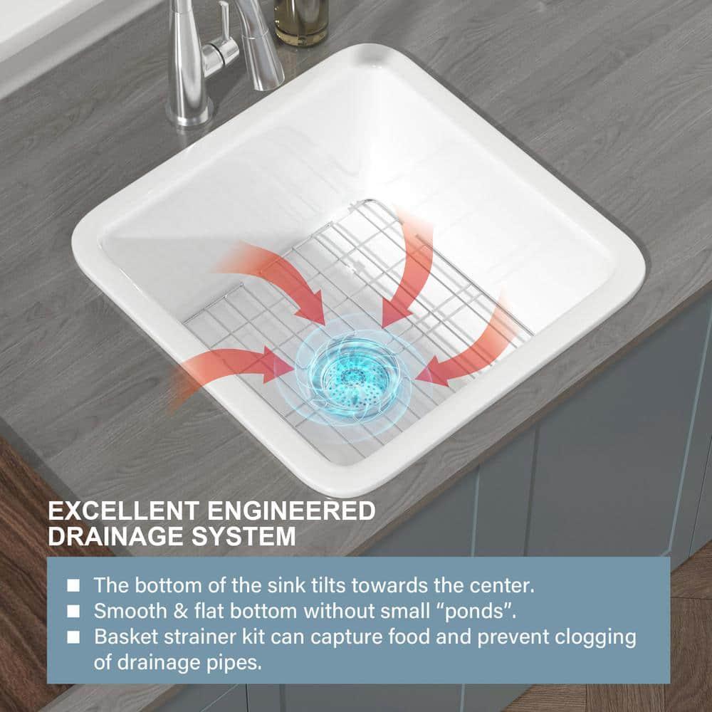 18" L x 18" W Single Bowl Fireclay Kitchen Sinks White with Bottom Grids and Basket Strainer