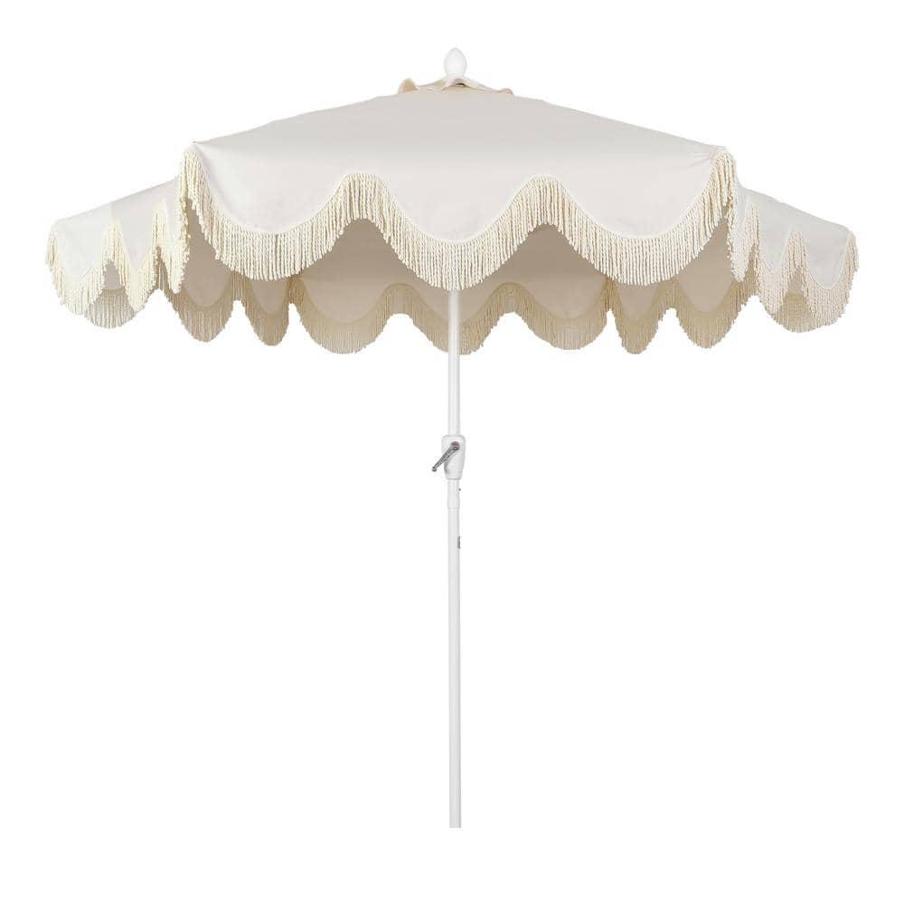 JONATHAN Y Collins 9 ft. Classic Cottage Tassel Market Patio Umbrella with Auto-Tilt, Crank, Wind Vent and UV Protection in Cream