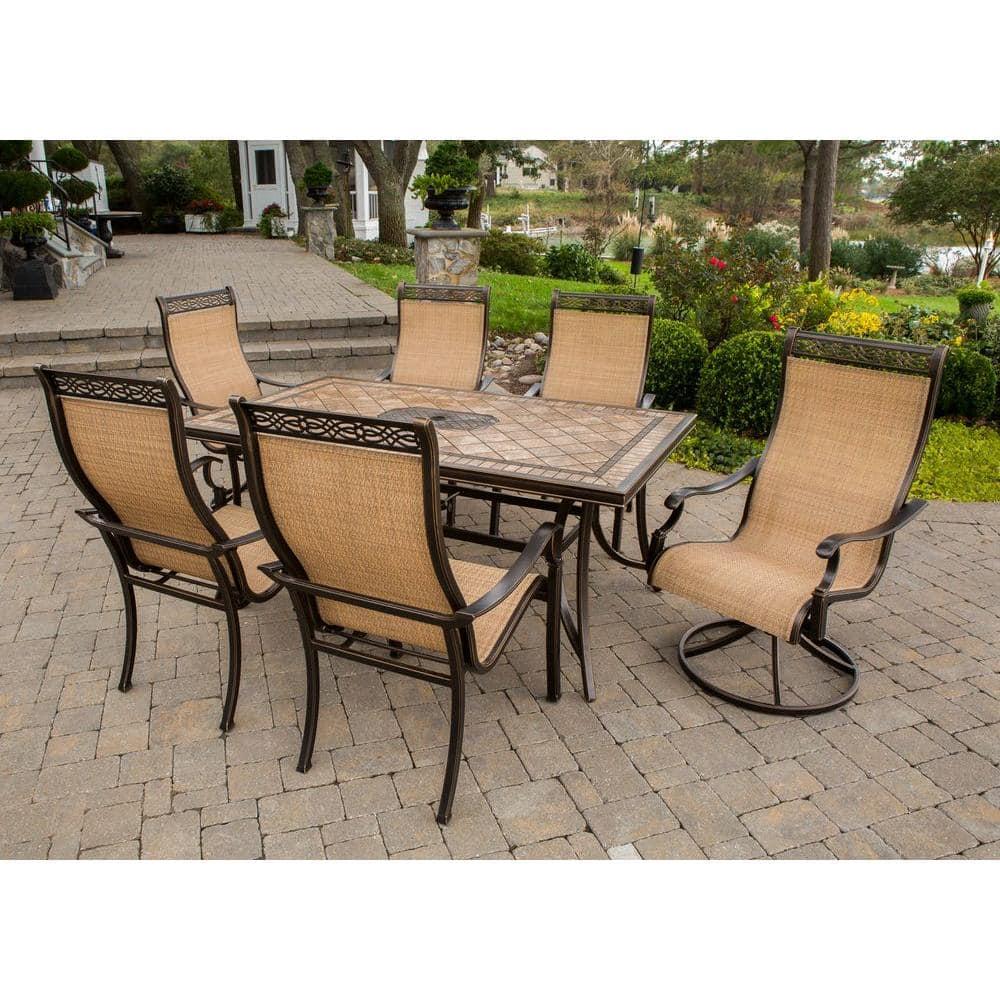 Hanover Monaco 7-Piece Outdoor Patio Dining Set with 4 PVC Sling Dining Chairs, 2 Swivel Rockers, and 40" x 68" Porcelain Tile Rectangular Dining Table | MONACO7PCSW