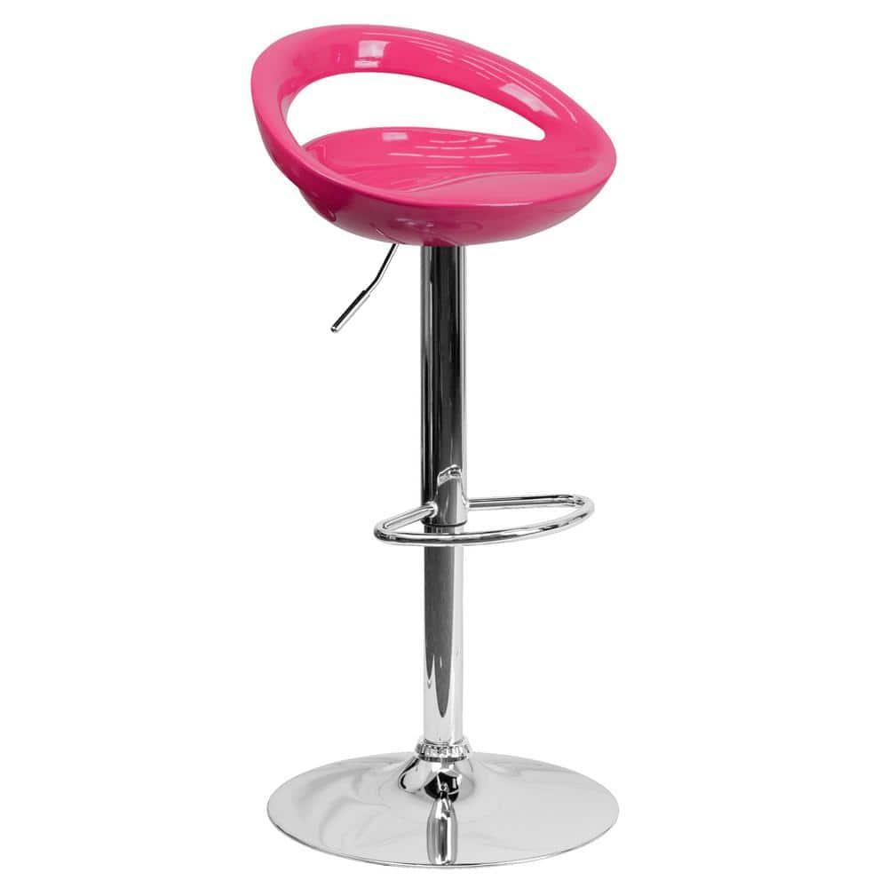 Flash Furniture Contemporary Pink Plastic Adjustable Height Barstool with Rounded Cutout Back and Chrome Base