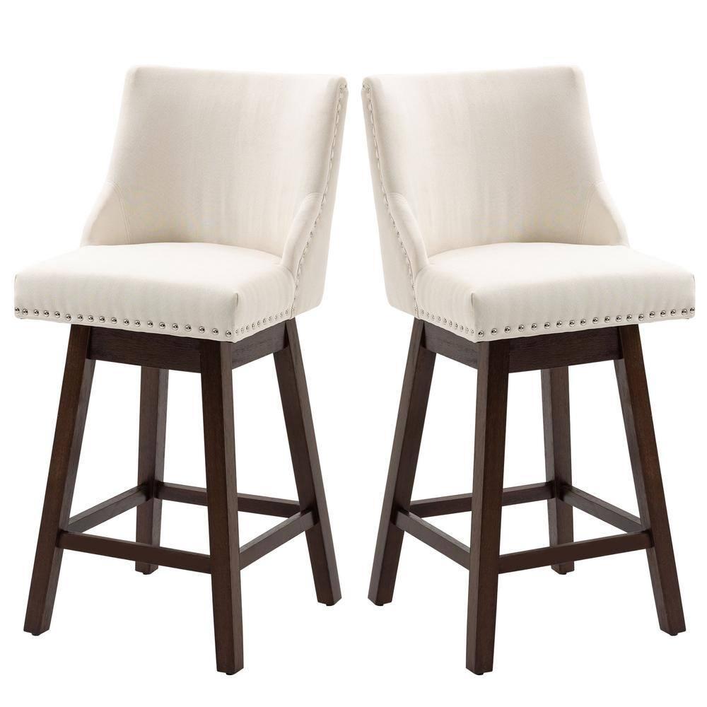 HOMCOM 28" Swivel Bar Height Bar Stools Set of 2, Armless Upholstered Barstools Chairs with Nailhead Trim and Wood Legs, Cream White