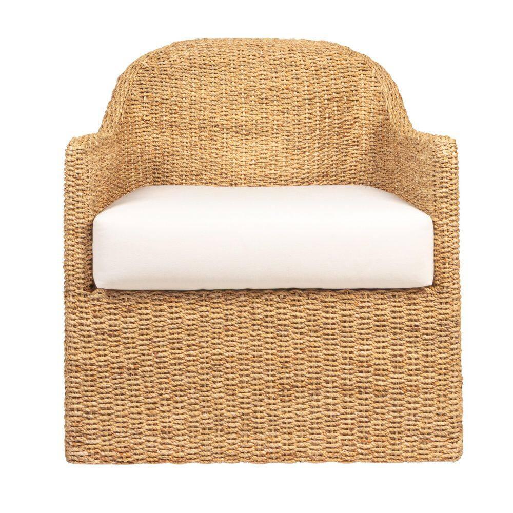 Natural and Cream Woven Water Hyacinth and Acacia Wood Outdoor Lounge Chair with White Cushion