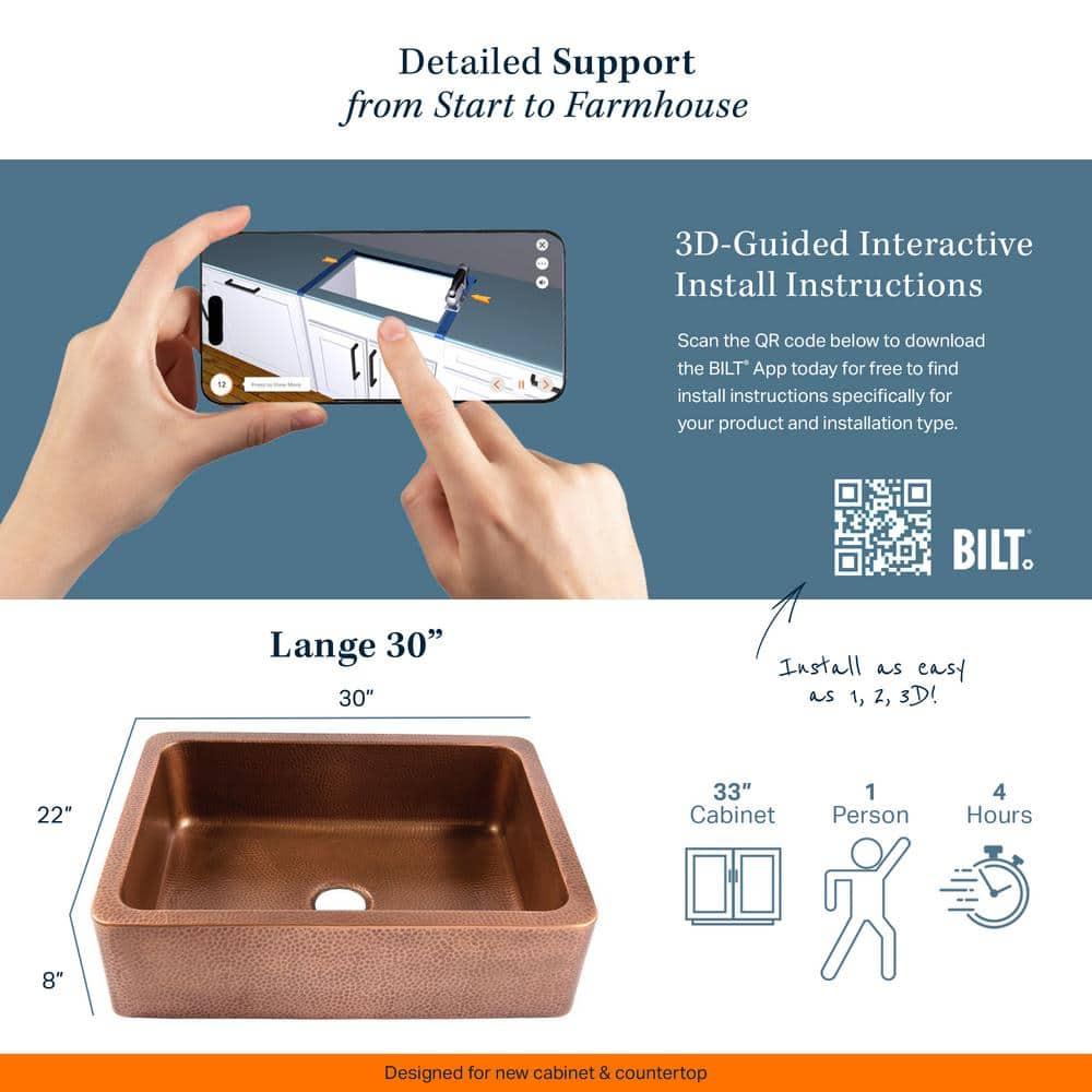 Lange Copper 30" Single Bowl Farmhouse Apron Front Undermount Kitchen Sink