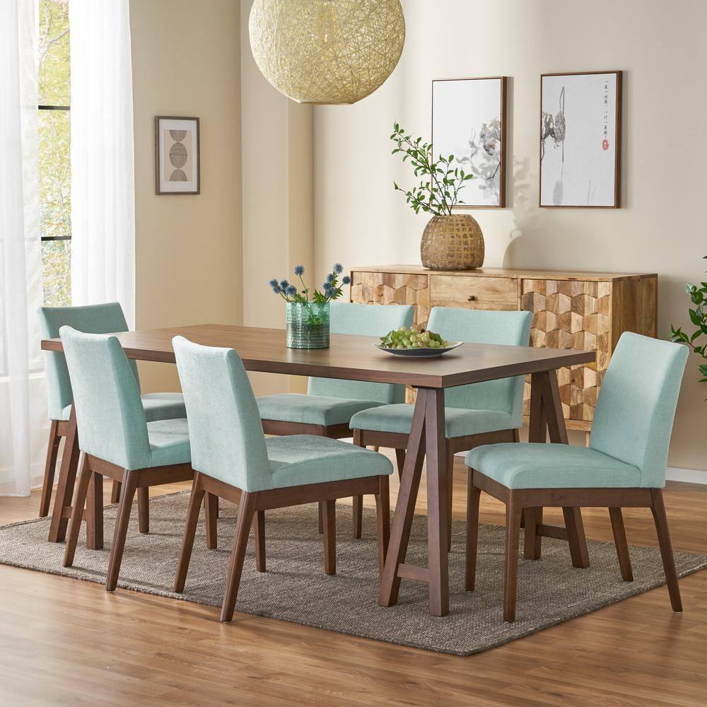 Noble House Caruso Mid-Century Modern 7 Piece Dining Set, Mint and Walnut