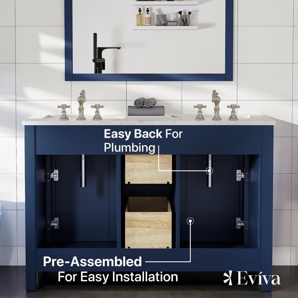 Totti Artemis 48" Blue Transitional Double Sink Bathroom Vanity w/ White Carrara Style Man-Made Stone Top