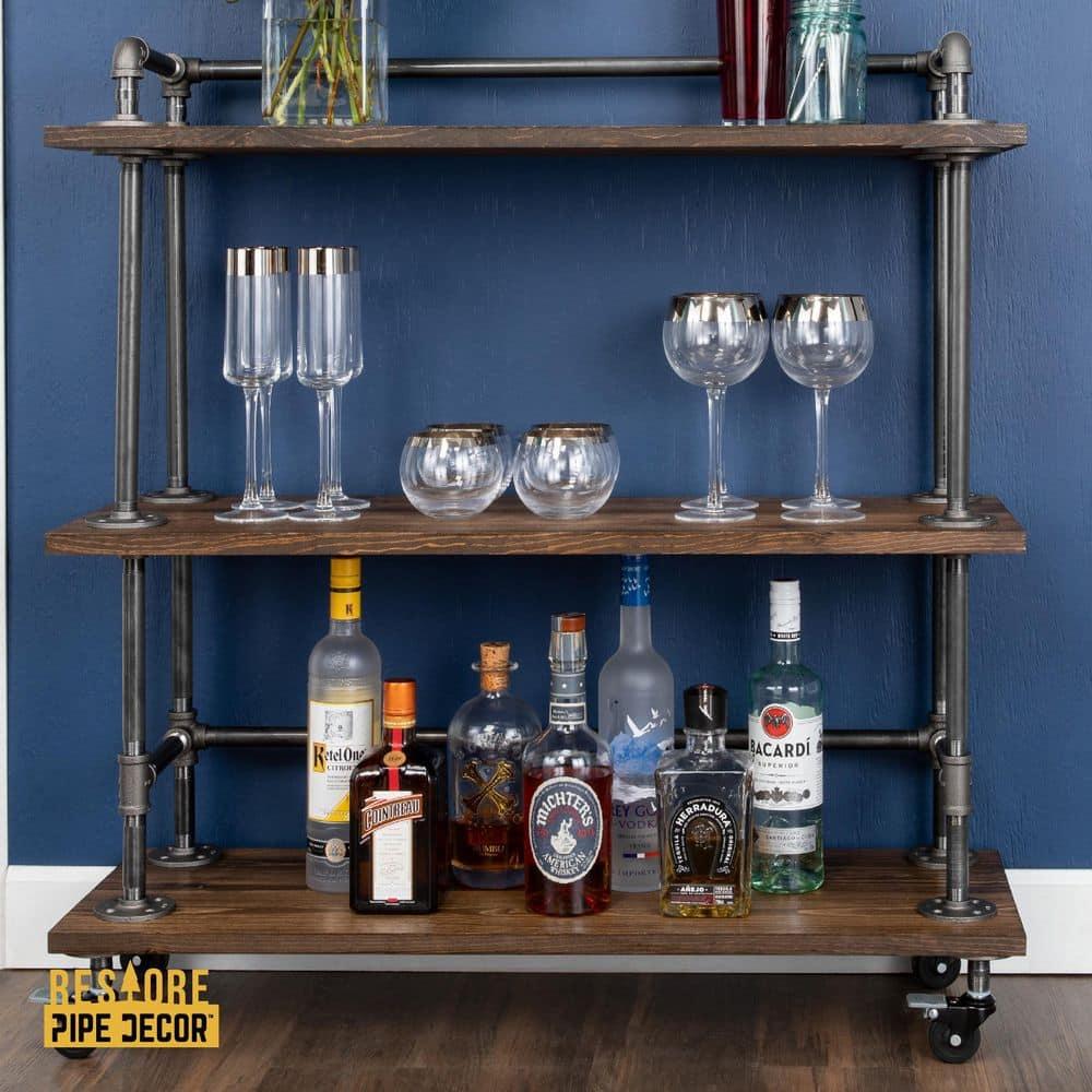 PIPE DECOR Restore by  Industrial 3 Tier Solid Wood & Steel Pipe Bar Cart with Wheels Trail Brown