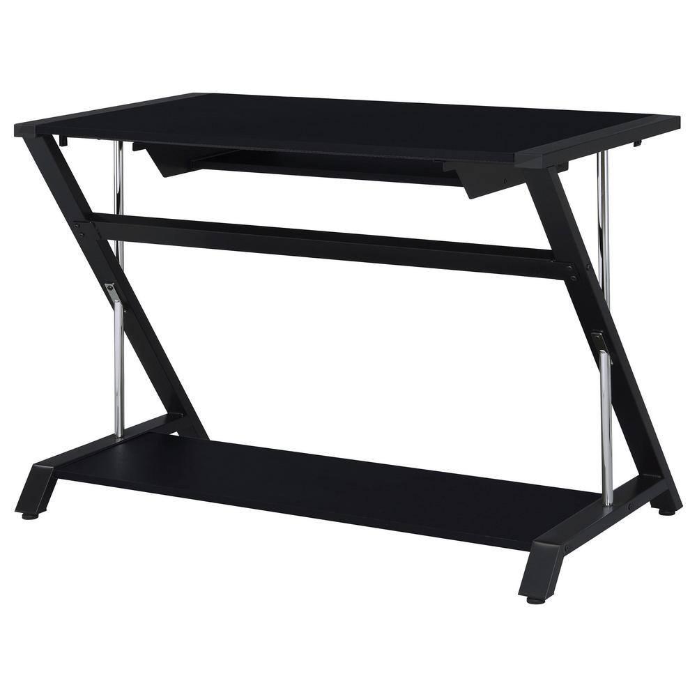 Mallet Computer Desk with Keyboard Tray & Storage Shelf Black - Coaster: Compact, Angled Silhouette, Chrome Detail