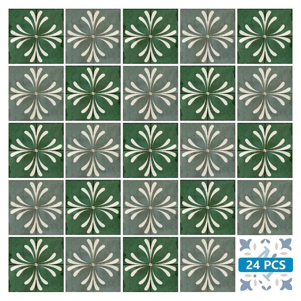 Mi Alma Green Gray Vintage Flower Peel & Stick Tiles - Vinyl Backsplash 8x8