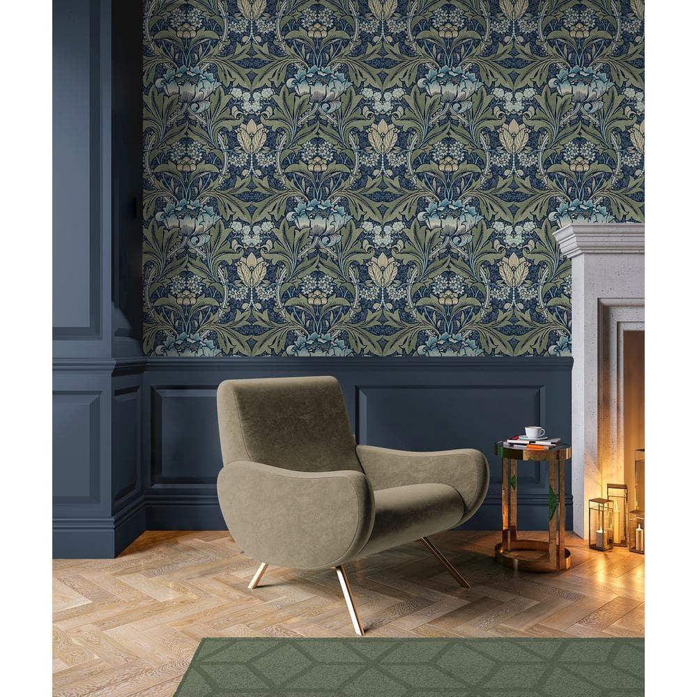 Seabrook Designs  Acanthus Floral Prepasted Wallpaper 20.5 in. W x 33 ft. L - Denim & Sage