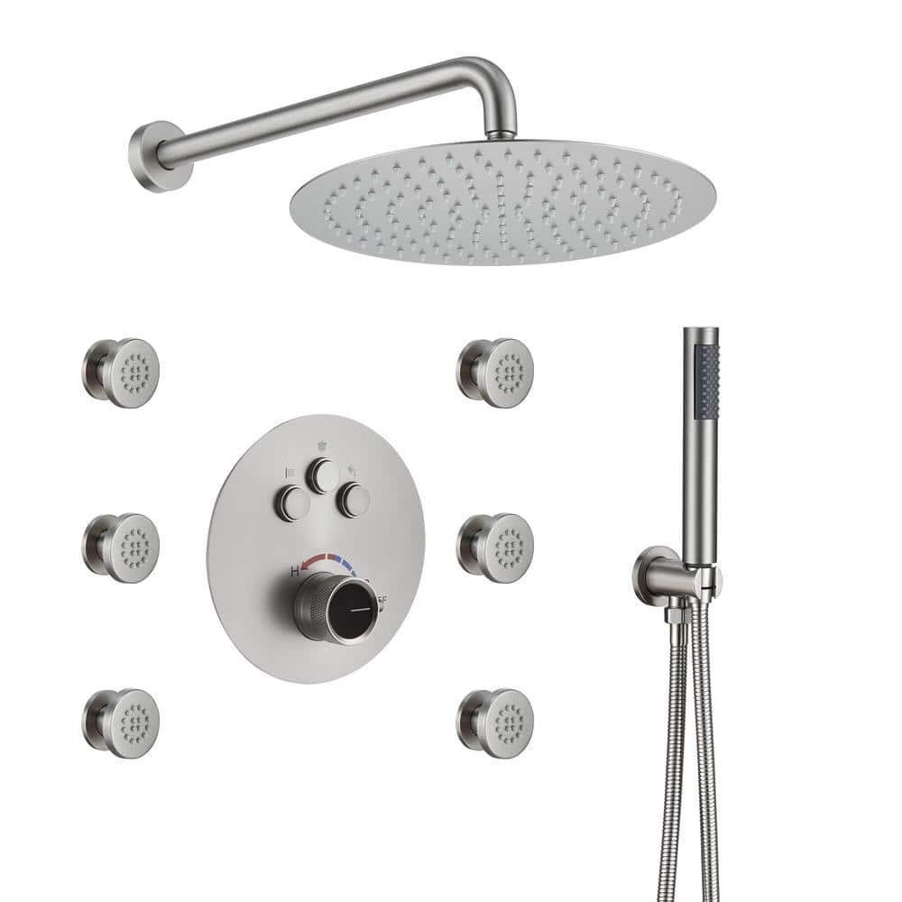 Wall Mounted Thermostatic Complete Rainfall Shower System with 6 Body Jets and Rough-in Valve