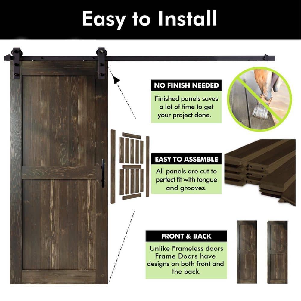 Homacer H Design Color Solid Pine Wood Unassembled Door with Black Rustic Installation Hardware Kit