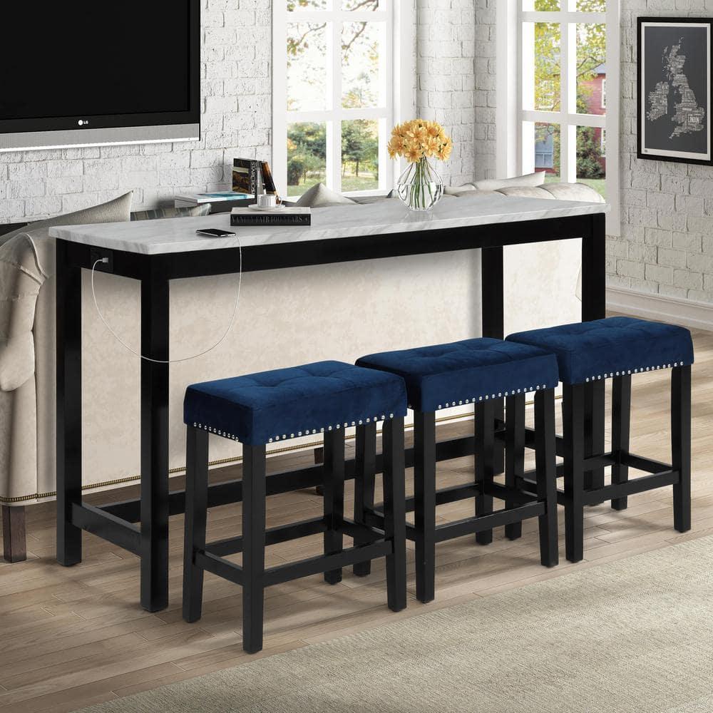 New Classic Furniture Celeste 4-Piece Faux Marble & Wood Bar Set in Blue