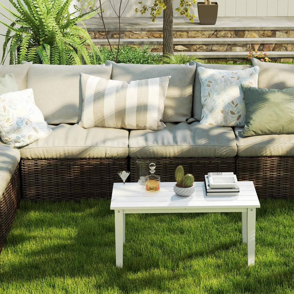 Outsunny HDPE Outdoor Coffee Table, Rectangle All-Weather Patio Coffee Table, Slatted Outdoor Patio Table for Garden, Balcony, Backyard, White