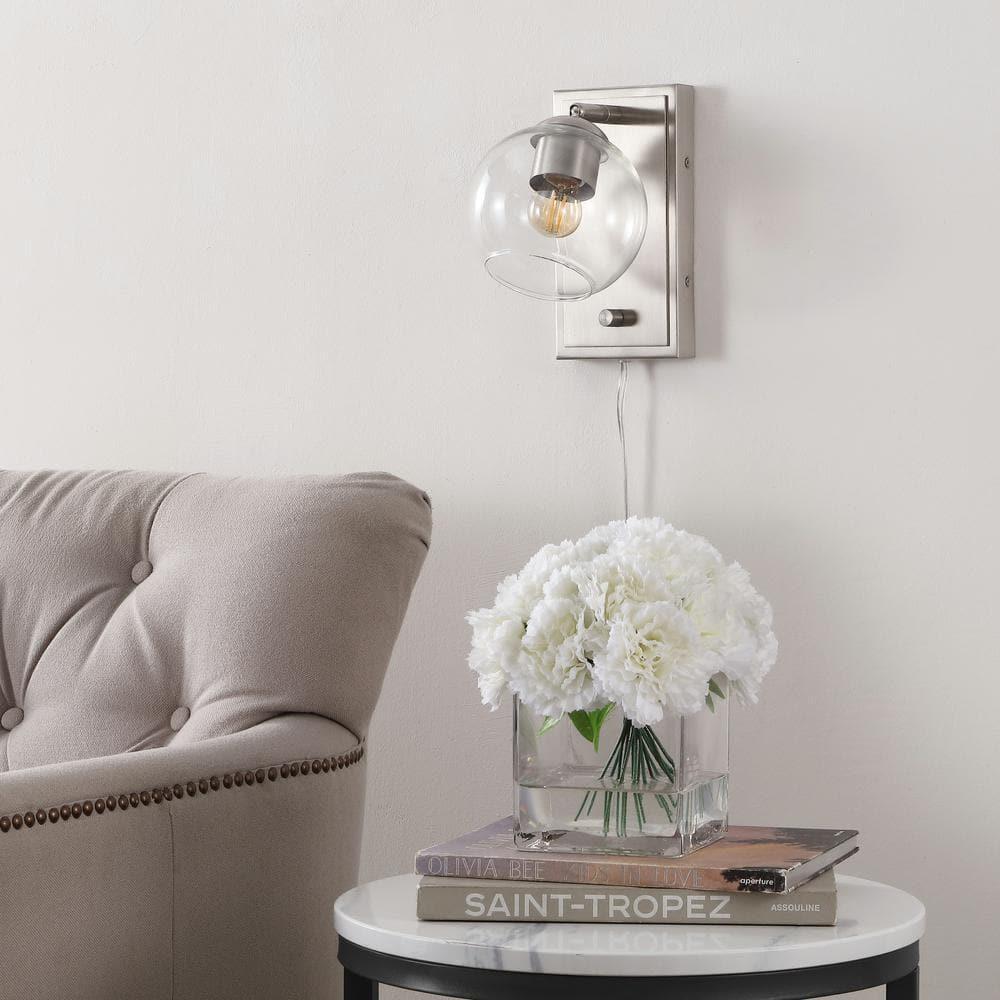Hugo 6" 1-Light Minimalist Modern Plug-In or Hardwired Adjustable Iron LED Wall Sconce with Rotary Dimmer, Nickel with Clear Globe