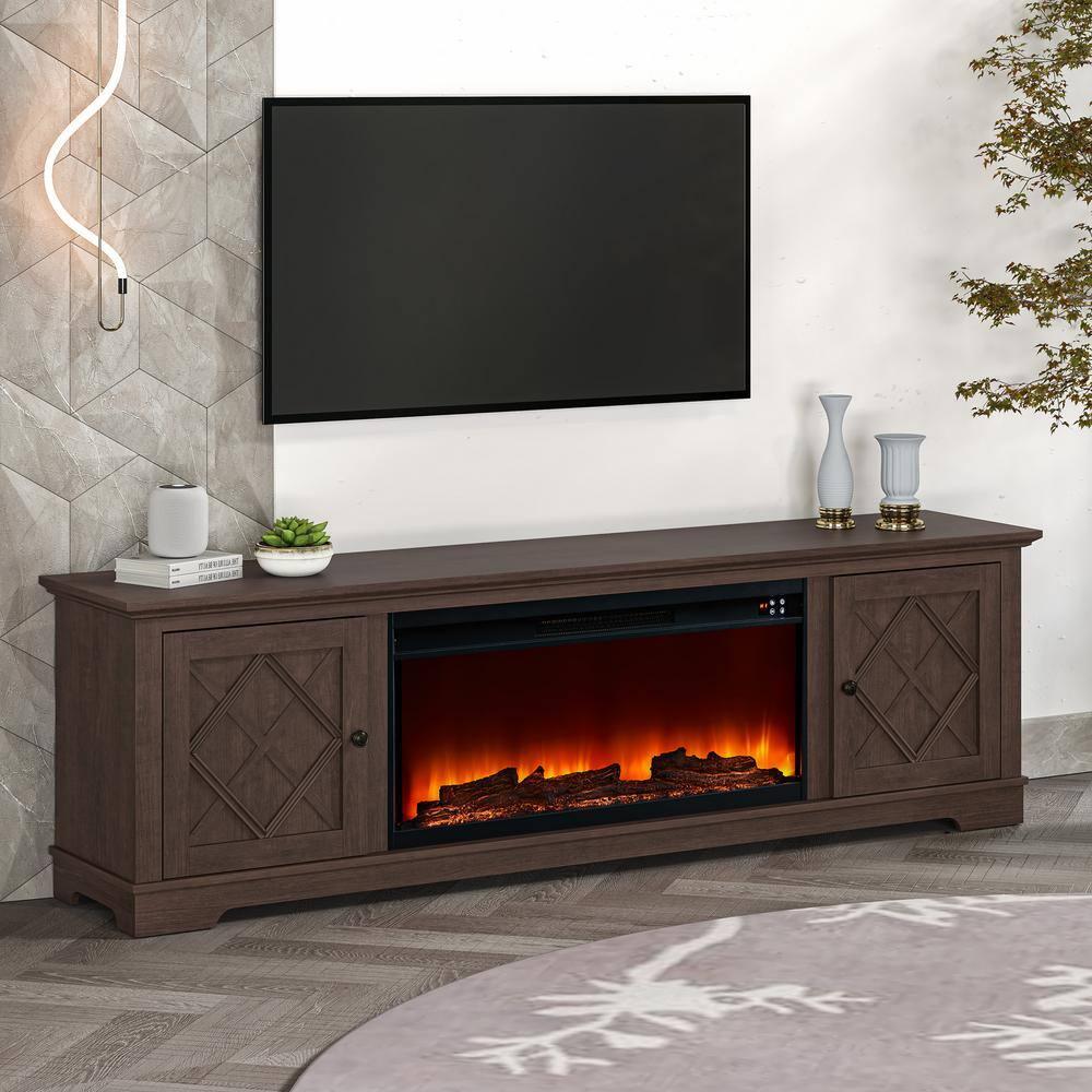 78" Farmhouse TV Stand for TVs up to 80" with Electric Fireplace Brown - Festivo: Media Console, MDF Storage