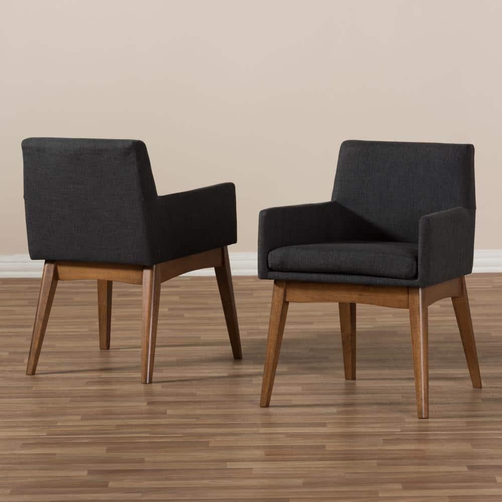 Set of 2 Nexus Mid Century Modern Walnut Wood Fabric Upholstered Dining Armchair Dark Gray - Baxton Studio: Polyester, Rubberwood Frame