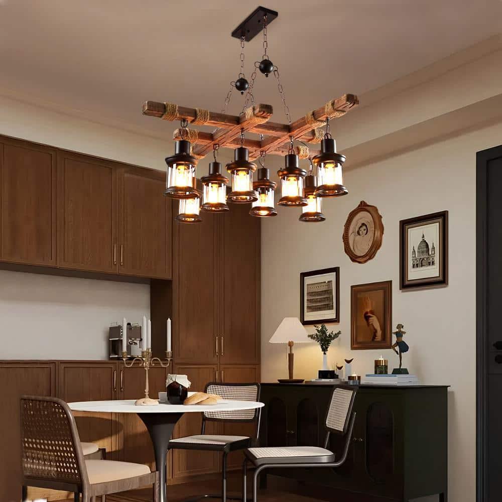 Rongfun 8-Light Rustic Country Chandelier Wood Pendant Lamp Industrial Ceiling Fixture
