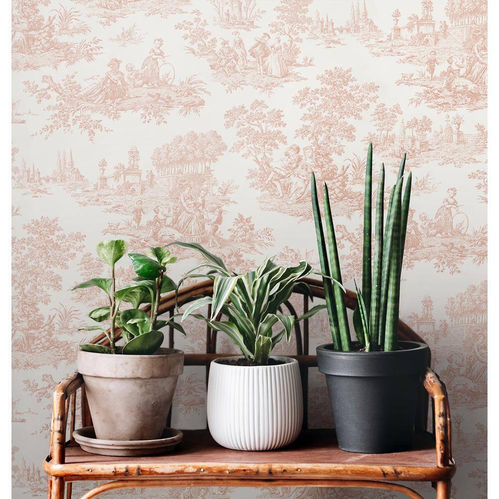 NextWall Chateau Toile Peel and Stick Wallpaper Pink: Vintage Vinyl, Self-Adhesive, Repositionable, Washable, 30.75 Sq Ft Coverage
