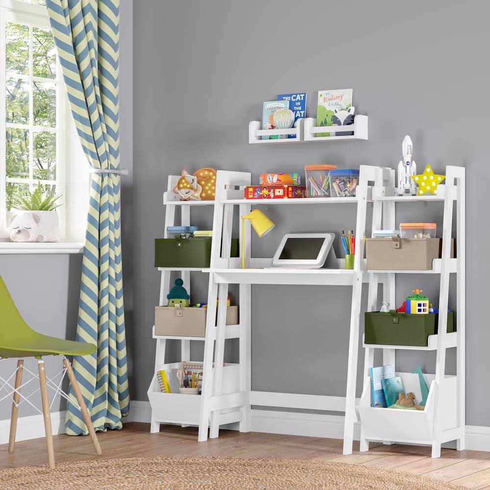 RiverRidge Home RiverRidge Kids 4-Tier 13in Ladder Shelf Toy Organizer and Book Storage with 3 Open Display Shelves- White with Two 5" Fabric Bins